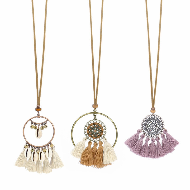 Wholesale Alloy Geometric Handwoven Ethnic Style Tassel Pendant Necklace Set