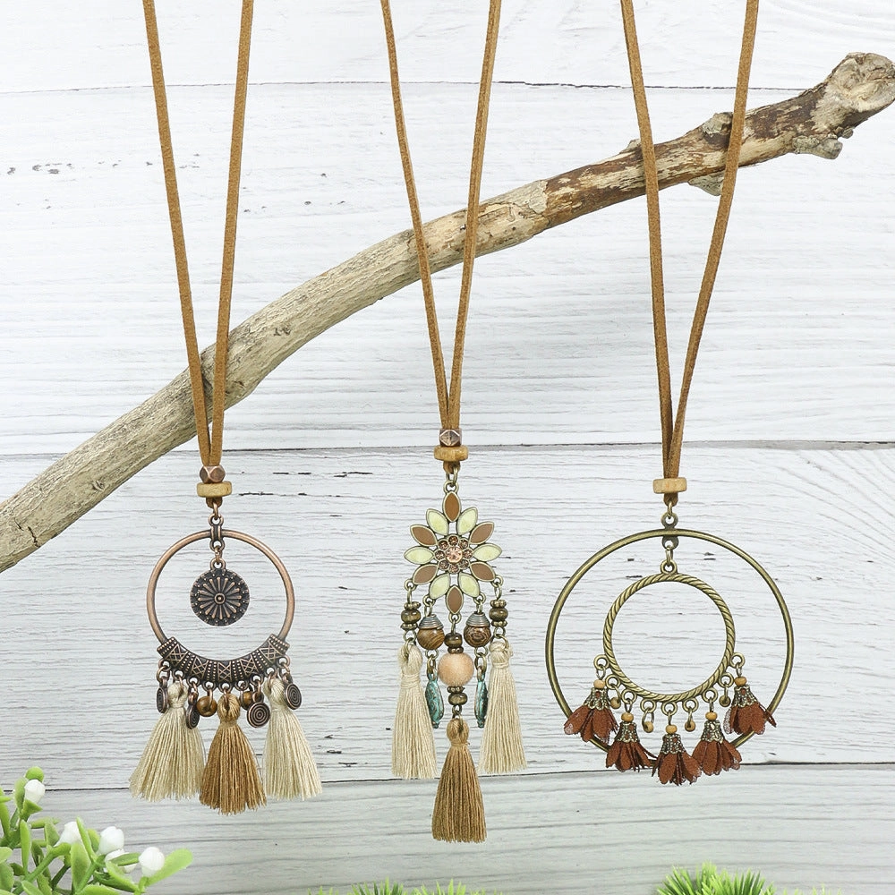 Wholesale Alloy Geometric Handwoven Ethnic Style Tassel Pendant Necklace Set
