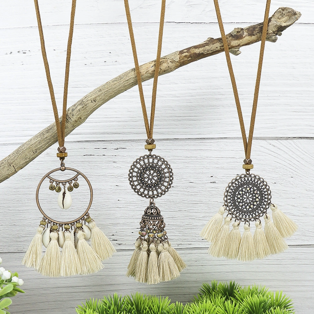 Wholesale Alloy Geometric Handwoven Ethnic Style Tassel Pendant Necklace Set