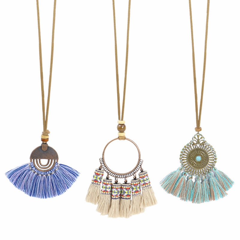 Wholesale Alloy Geometric Handwoven Ethnic Style Tassel Pendant Necklace Set
