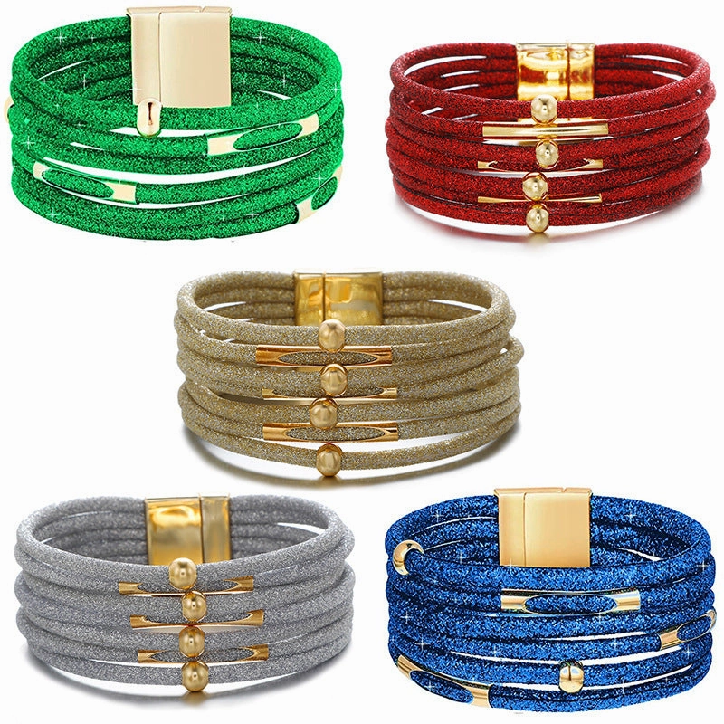 Wholesale Alloy Glitter Magnet Buckle Leather Beaded Leather Rope Copper Tube Bracelet