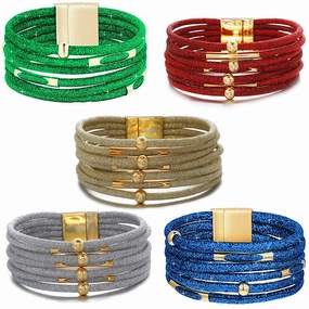 Wholesale Alloy Glitter Magnet Buckle Leather Beaded Leather Rope Copper Tube Bracelet