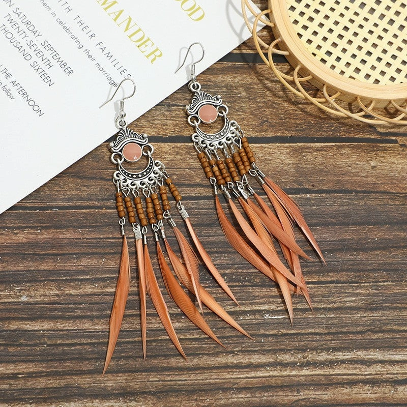 Wholesale Alloy Hollow Long Feather Earrings