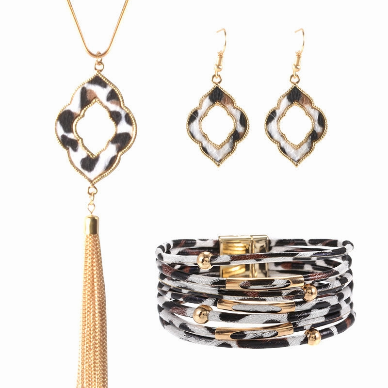 Wholesale Alloy Leather Leopard Bracelet Jewelry Set