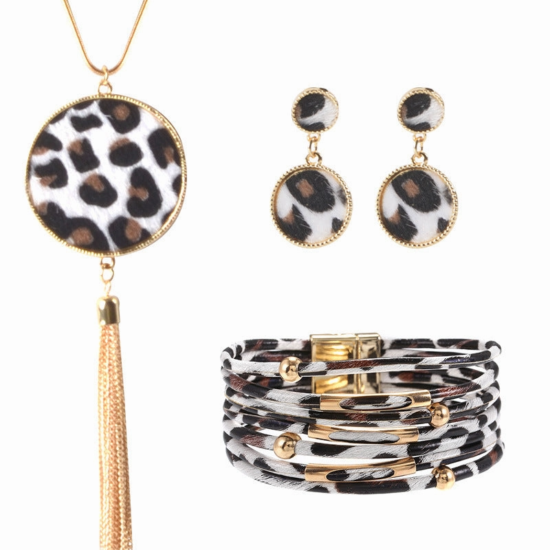 Wholesale Alloy Leather Leopard Bracelet Jewelry Set