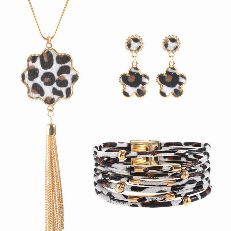 Wholesale Alloy Leather Leopard Bracelet Jewelry Set