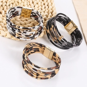 Wholesale Alloy Leopard Magnetic Buckle Leather Beading Brass Tube Bacelet