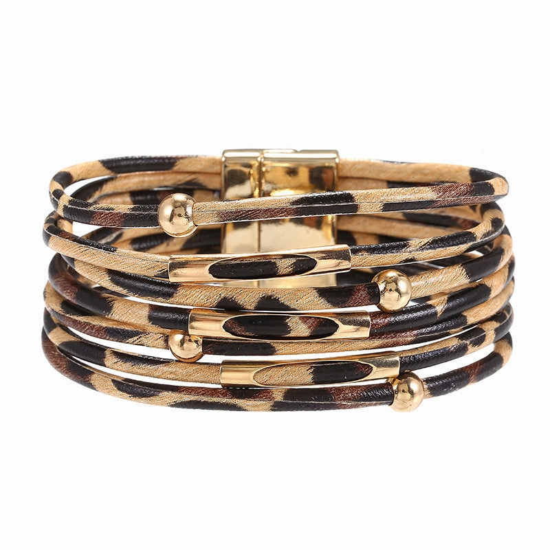 Wholesale Alloy Leopard Magnetic Buckle Leather Beading Brass Tube Bacelet