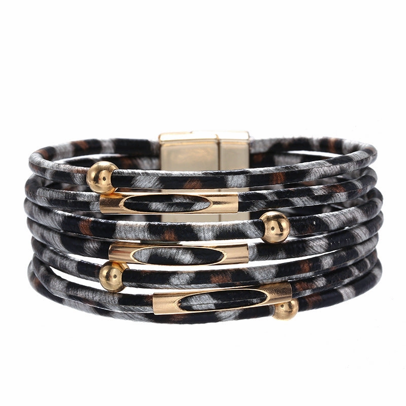 Wholesale Alloy Leopard Magnetic Buckle Leather Beading Brass Tube Bacelet