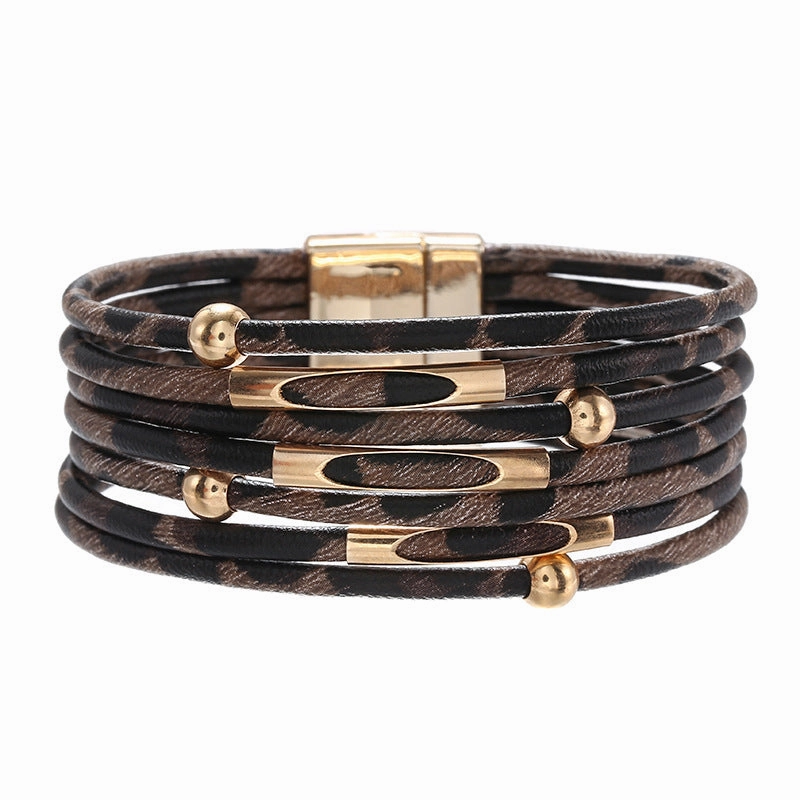 Wholesale Alloy Leopard Magnetic Buckle Leather Beading Brass Tube Bacelet