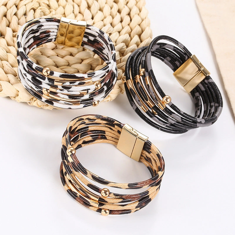 Wholesale Alloy Leopard Magnetic Buckle Leather Beading Brass Tube Bacelet
