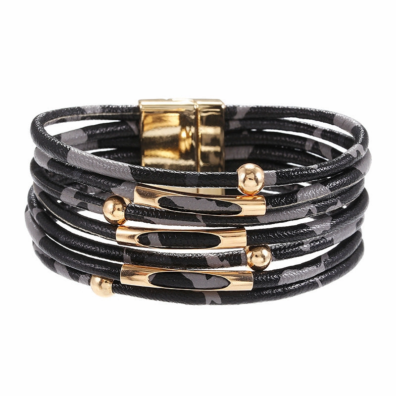 Wholesale Alloy Leopard Magnetic Buckle Leather Beading Brass Tube Bacelet