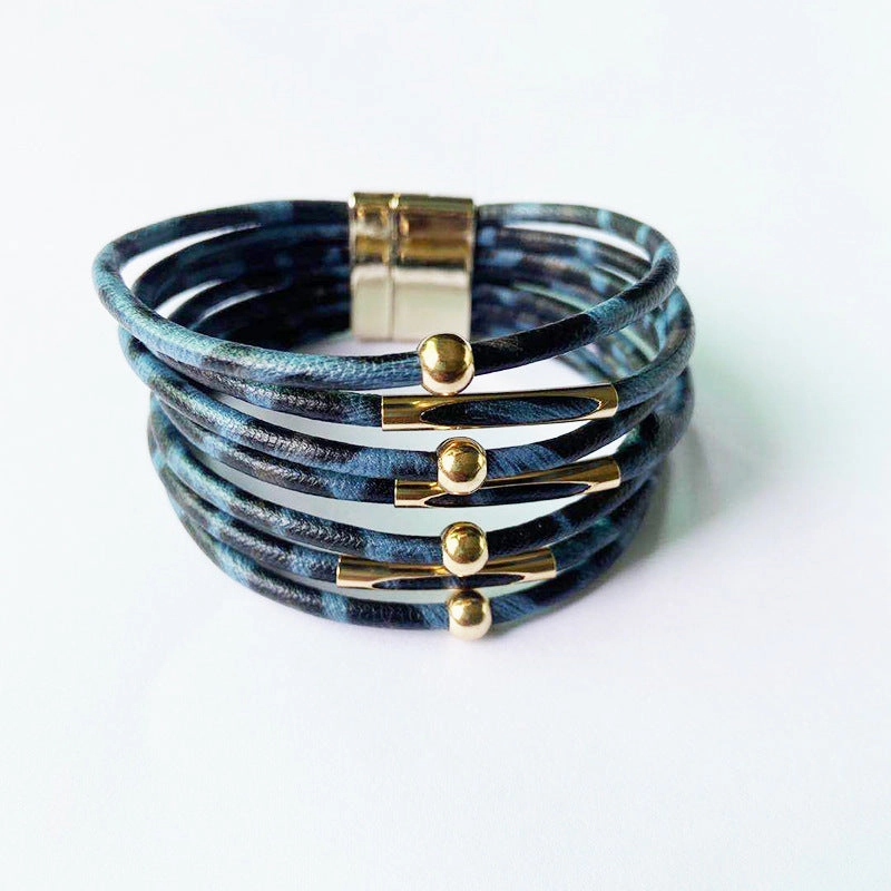 Wholesale Alloy Leopard Magnetic Buckle Leather Beading Brass Tube Bacelet