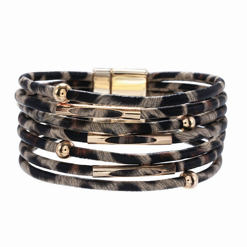 Wholesale Alloy Leopard Magnetic Buckle Leather Beading Brass Tube Bacelet