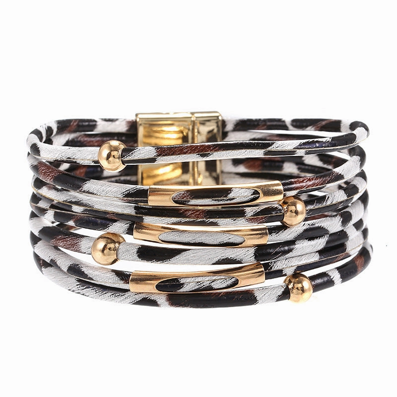 Wholesale Alloy Leopard Magnetic Buckle Leather Beading Brass Tube Bacelet