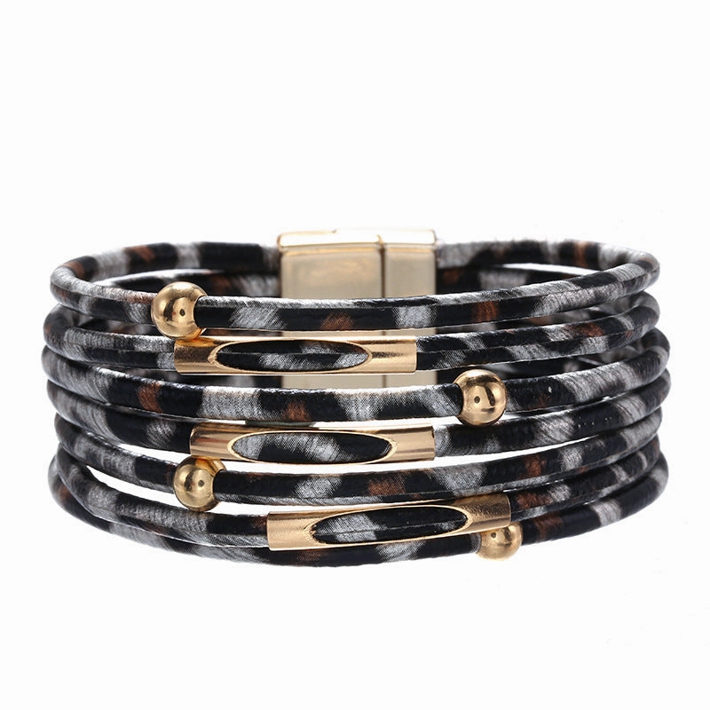 Wholesale Alloy Leopard Magnetic Buckle Leather Copper Tube Bracelet