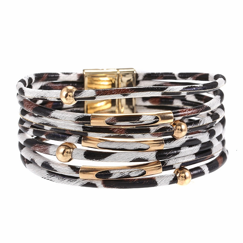 Wholesale Alloy Leopard Magnetic Buckle Leather Copper Tube Bracelet