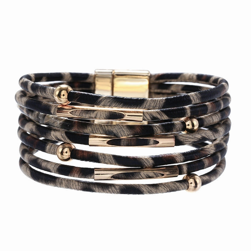 Wholesale Alloy Leopard Magnetic Buckle Leather Copper Tube Bracelet