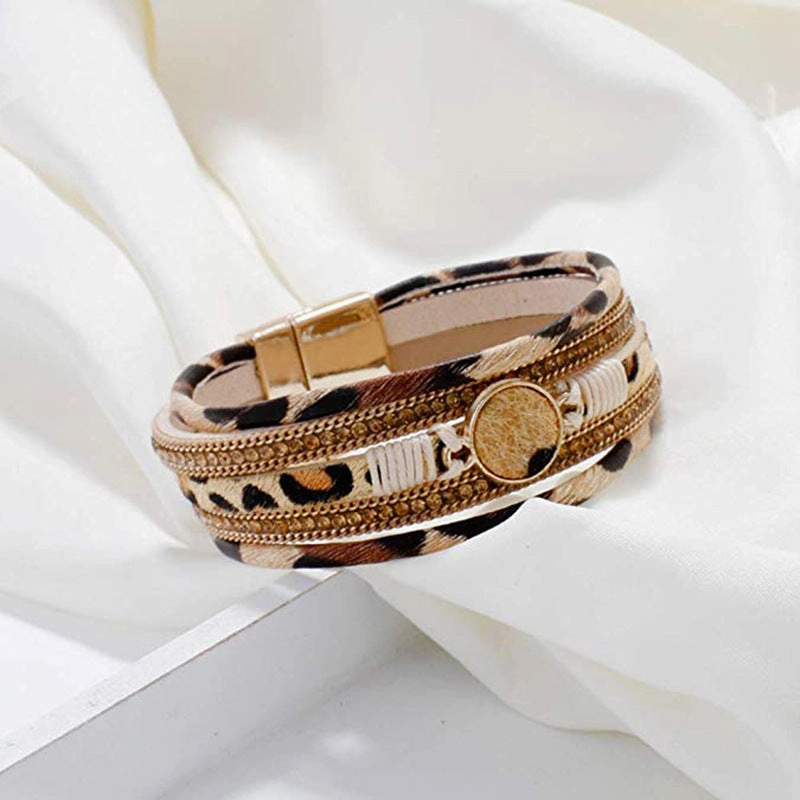 Wholesale Alloy Magnet Buckle Leopard Genuine Leather Horsehair Bracelet