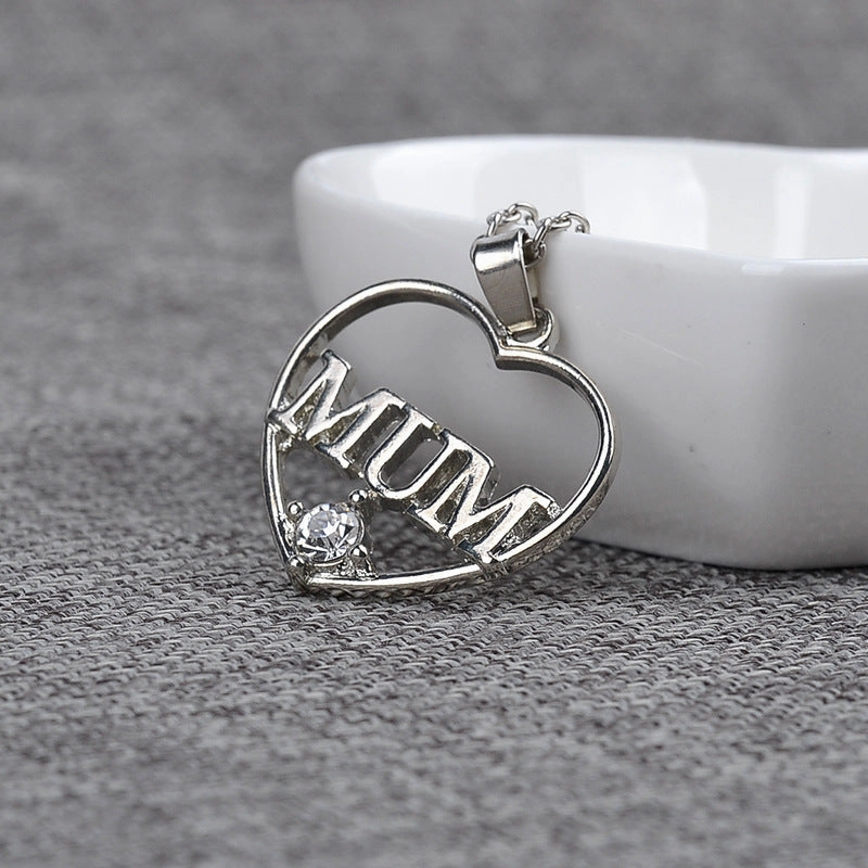 Wholesale Alloy Mother's Day Gift MuM Hollow Diamond Heart Necklace
