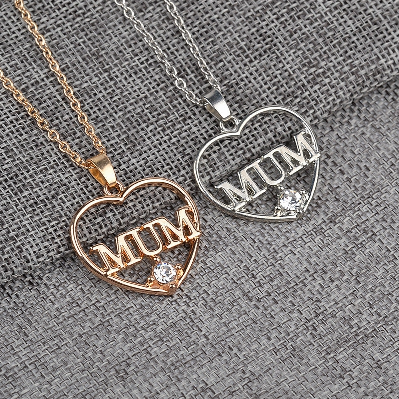 Wholesale Alloy Mother's Day Gift MuM Hollow Diamond Heart Necklace