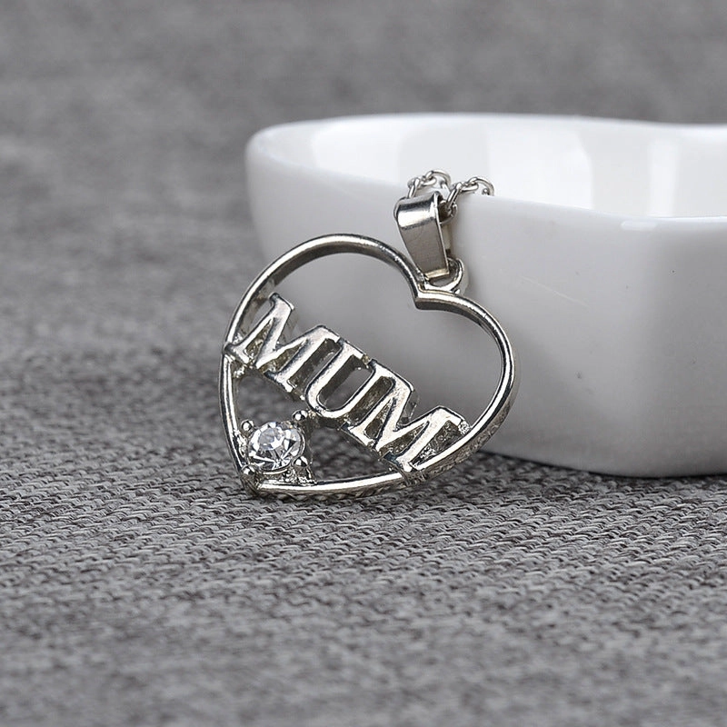Wholesale Alloy Mother's Day Gift MuM Hollow Diamond Heart Necklace