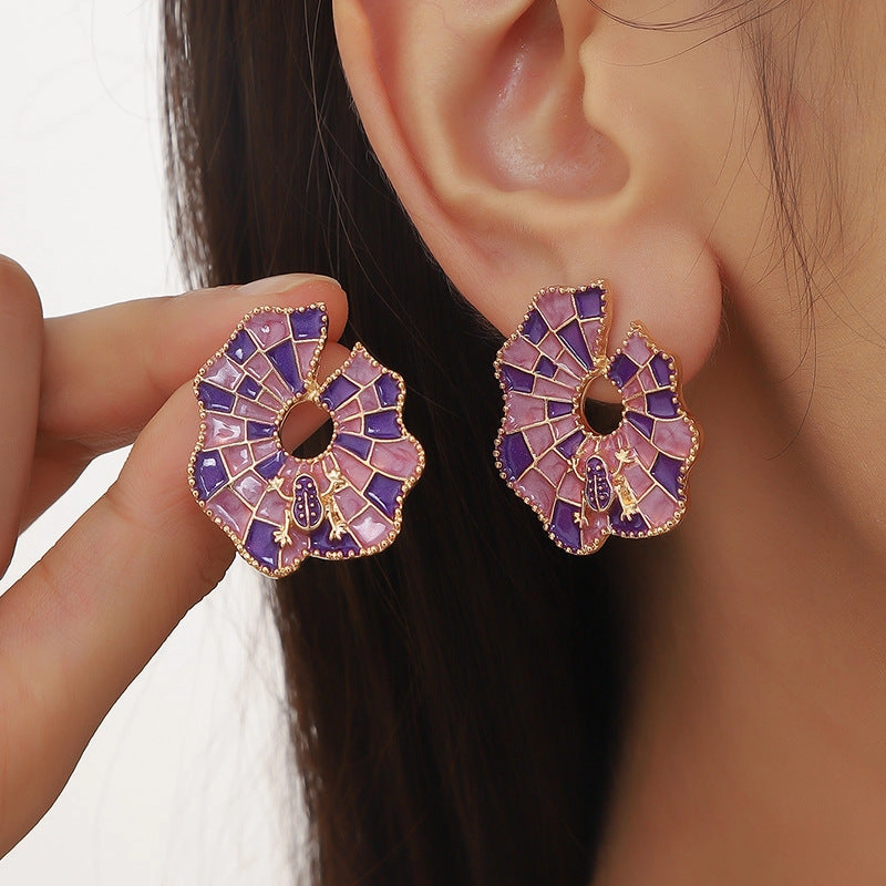 Wholesale Alloy Oil Drop Plaid Leaf Stud Earrings