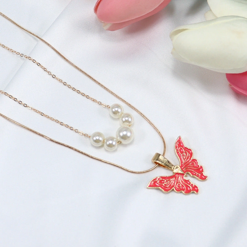 Wholesale Alloy Pearl Drop Oil Butterfly Necklace