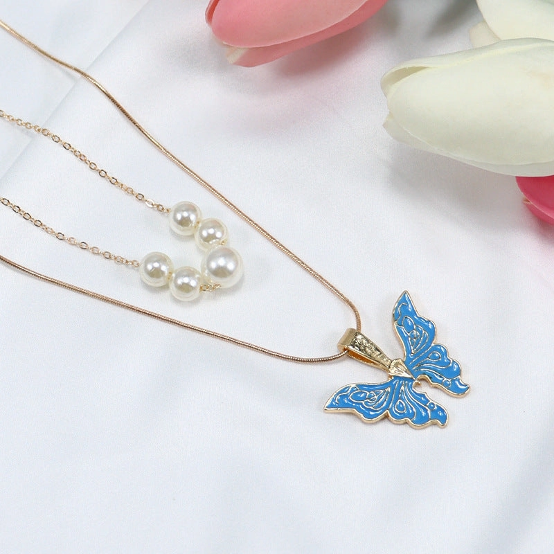 Wholesale Alloy Pearl Drop Oil Butterfly Necklace
