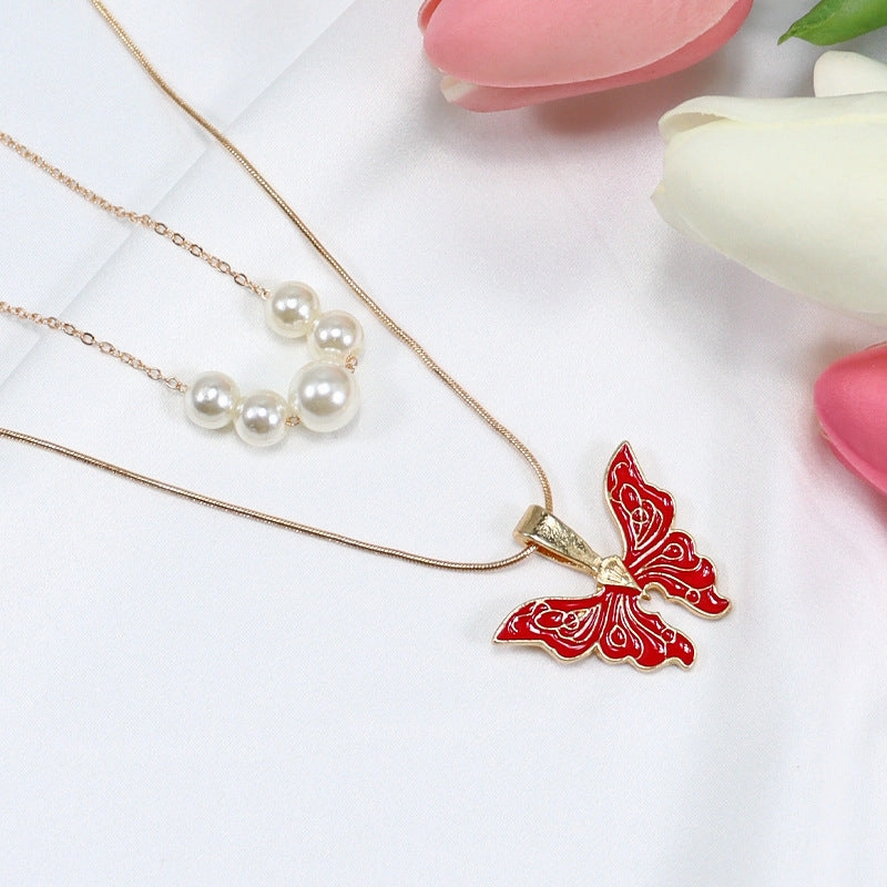 Wholesale Alloy Pearl Drop Oil Butterfly Necklace