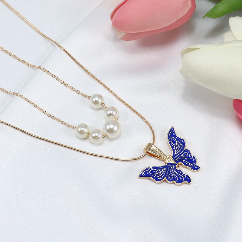 Wholesale Alloy Pearl Drop Oil Butterfly Necklace