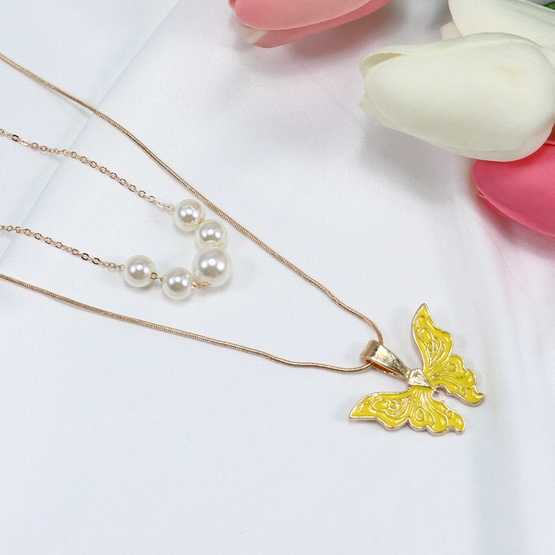 Wholesale Alloy Pearl Drop Oil Butterfly Necklace