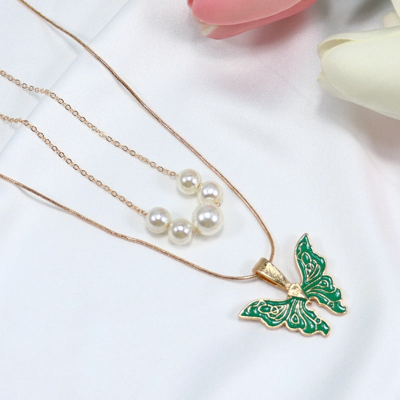 Wholesale Alloy Pearl Drop Oil Butterfly Necklace