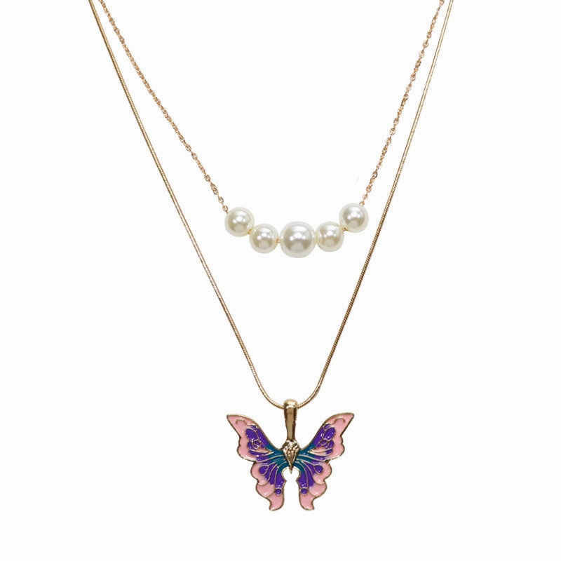 Wholesale Alloy Pearl Drop Oil Butterfly Necklace