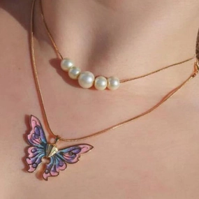 Wholesale Alloy Pearl Drop Oil Butterfly Necklace