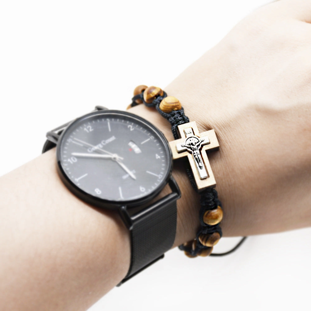Wholesale Alloy pine wood beads braided Chinese knot adjustable cross bracelet