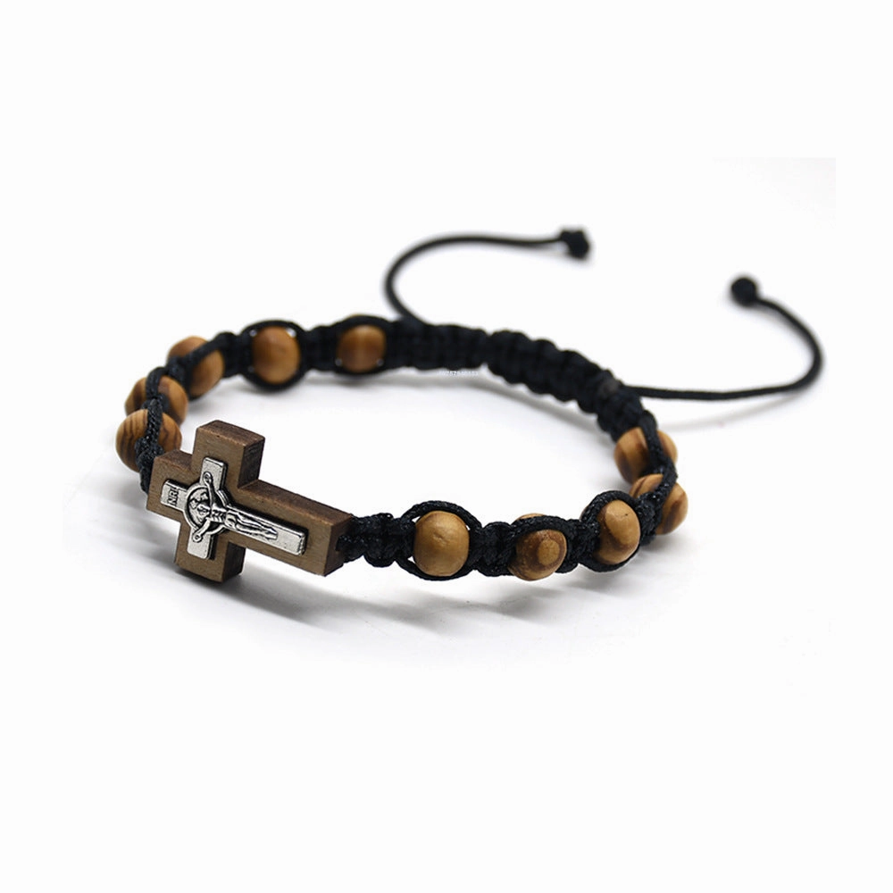Wholesale Alloy pine wood beads braided Chinese knot adjustable cross bracelet