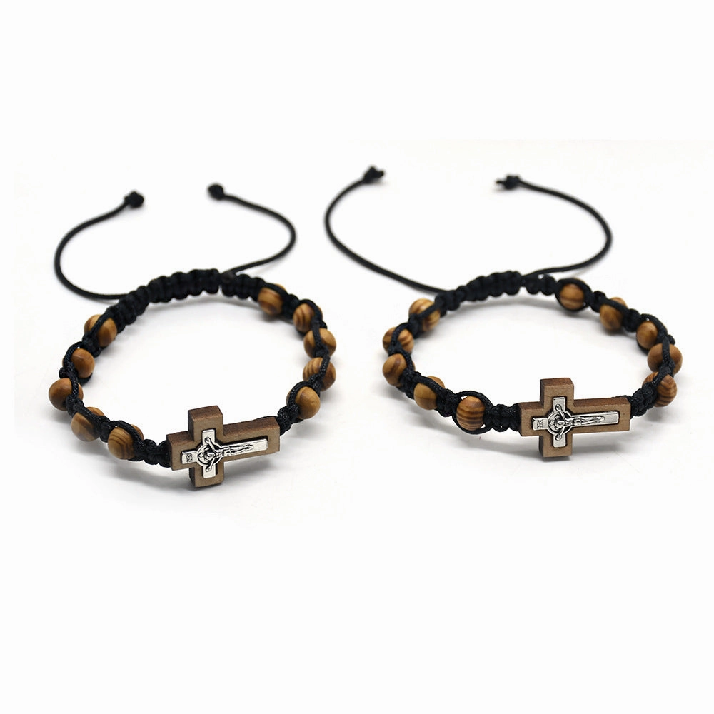 Wholesale Alloy pine wood beads braided Chinese knot adjustable cross bracelet