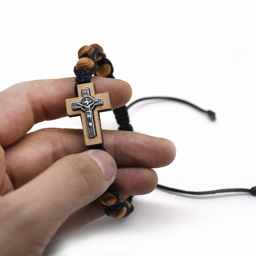 Wholesale Alloy pine wood beads braided Chinese knot adjustable cross bracelet