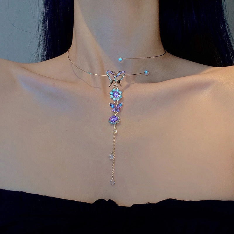 Wholesale Alloy Purple Butterfly Tassel Necklace