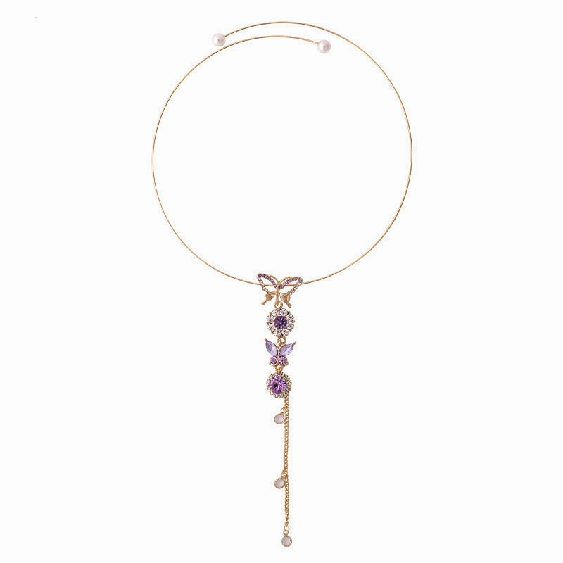Wholesale Alloy Purple Butterfly Tassel Necklace