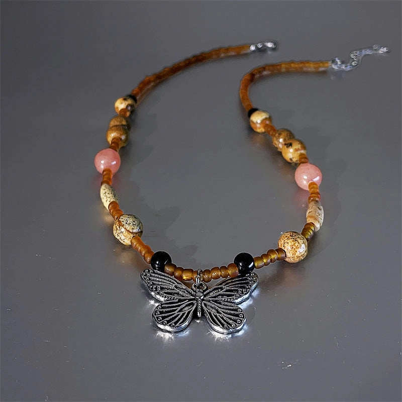 Wholesale Alloy Rice Beads Handmade Beaded Butterfly Necklace