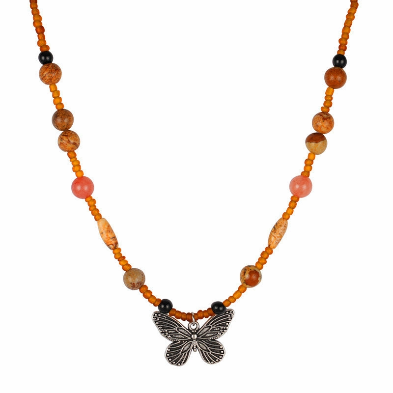 Wholesale Alloy Rice Beads Handmade Beaded Butterfly Necklace