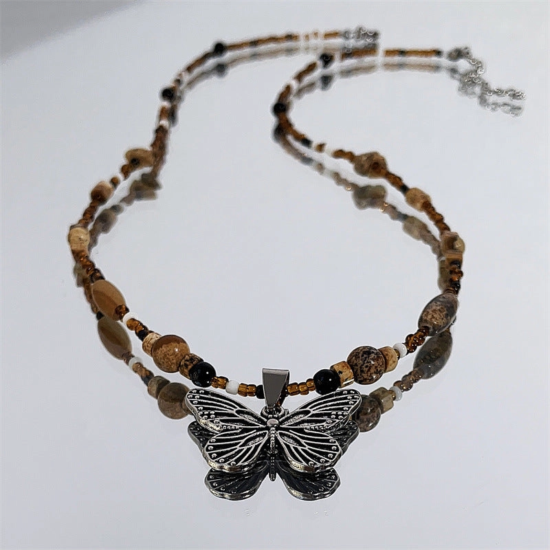 Wholesale Alloy Rice Beads Handmade Beaded Butterfly Necklace