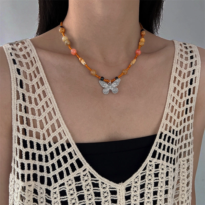 Wholesale Alloy Rice Beads Handmade Beaded Butterfly Necklace