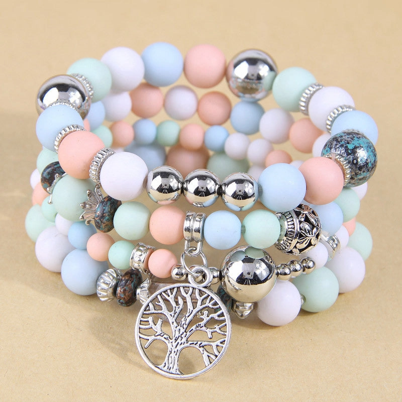 Wholesale Alloy Tree of Life Pendant Frosted Bead Multilayer Bracelet