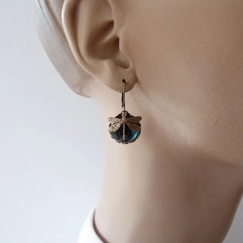 Wholesale Alloy Vintage Dragonfly Green Crystal Dangle Earrings