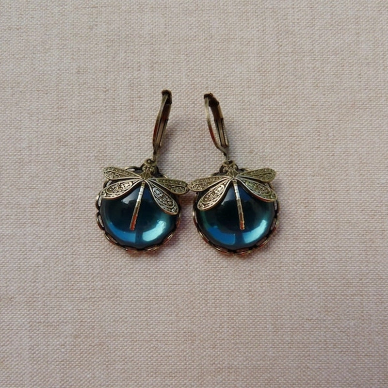 Wholesale Alloy Vintage Dragonfly Green Crystal Dangle Earrings
