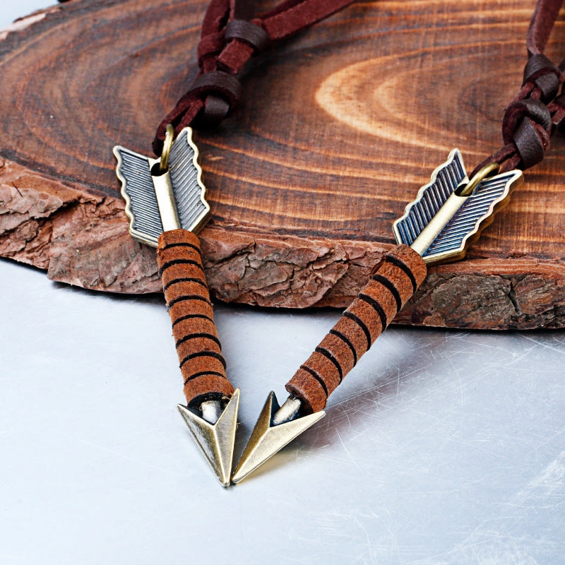 Wholesale Alloy Vintage Leather Rope Feather Arrow Sweater Necklace