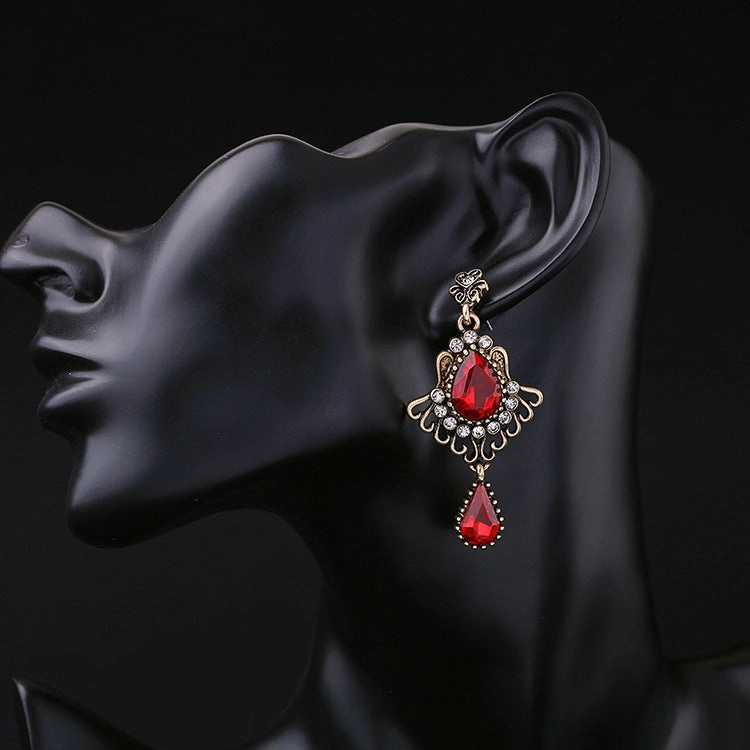 Wholesale Alloy Vintage Water Drop Ruby Pendant Earrings
